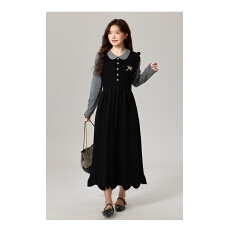 批发法式高级感学院风<b class='q'>黑色</b>假两件连衣裙女秋季气质收腰修身打底毛衣裙