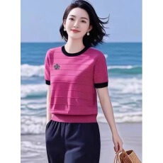 批发撞色休闲凉爽<b class='q'>山茶花</b>遮肉圆领短袖<b class='q'>T</b><b class='q'>恤</b>针织衫夏季宽松显瘦舒适上衣