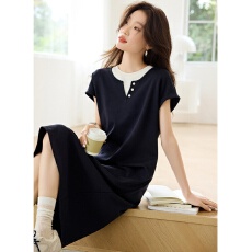 批发休闲气质撞色拼接短袖<b class='q'>连衣裙</b>今年夏新款宽松显瘦上班通勤T恤裙女