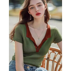 批发复古风上衣减龄拼接设计感休闲冰丝<b class='q'>针织衫</b>显瘦短袖新款时尚v领女