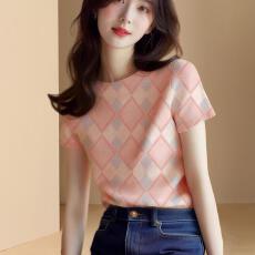 批发短袖夏装上衣好看今年新款针织格纹短袖小衫体恤打底衫冰丝女装