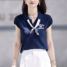 批发时尚通勤舒适丝巾翻领短袖针织t恤超好看减龄套头上衣2026<b class='q'>夏季</b>女