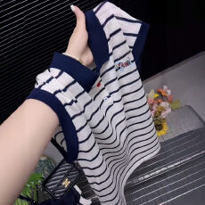 批发航海系蓝色<b class='q'>条纹</b>polo领冰丝短袖T恤女2026夏季新款巨好看休闲上衣