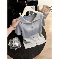 批发高级感灰色翻领套头针织衫女2026年夏季小众不撞款百搭短袖上衣服