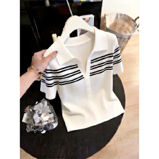 批发韩系条纹半开领白色短袖t恤女夏季2026新款设计感小众针织衫上衣