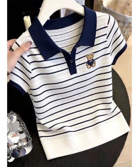 한 부서 chic 배색 스트라이프 작은 곰 자수 POLO 칼라 반팔 티셔츠 여성 봄 여름 새로운 얼음 실크 니트 맨위