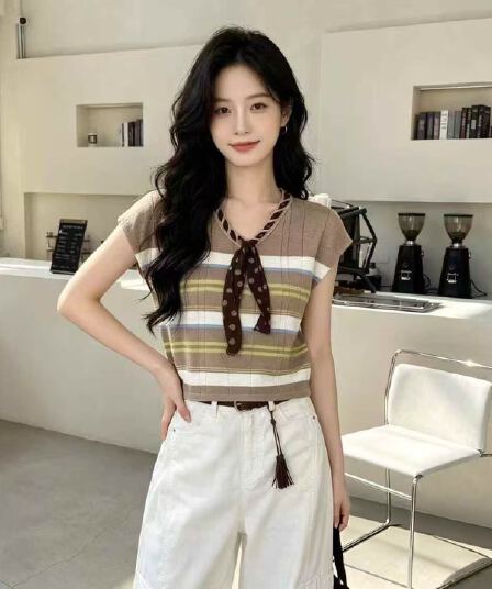 2026 새로운 한 부서 스트라이프 V넥 리본 민소매 니트 조끼 여성 여름 패션 외국 가스 다용도 맨위 트렌디