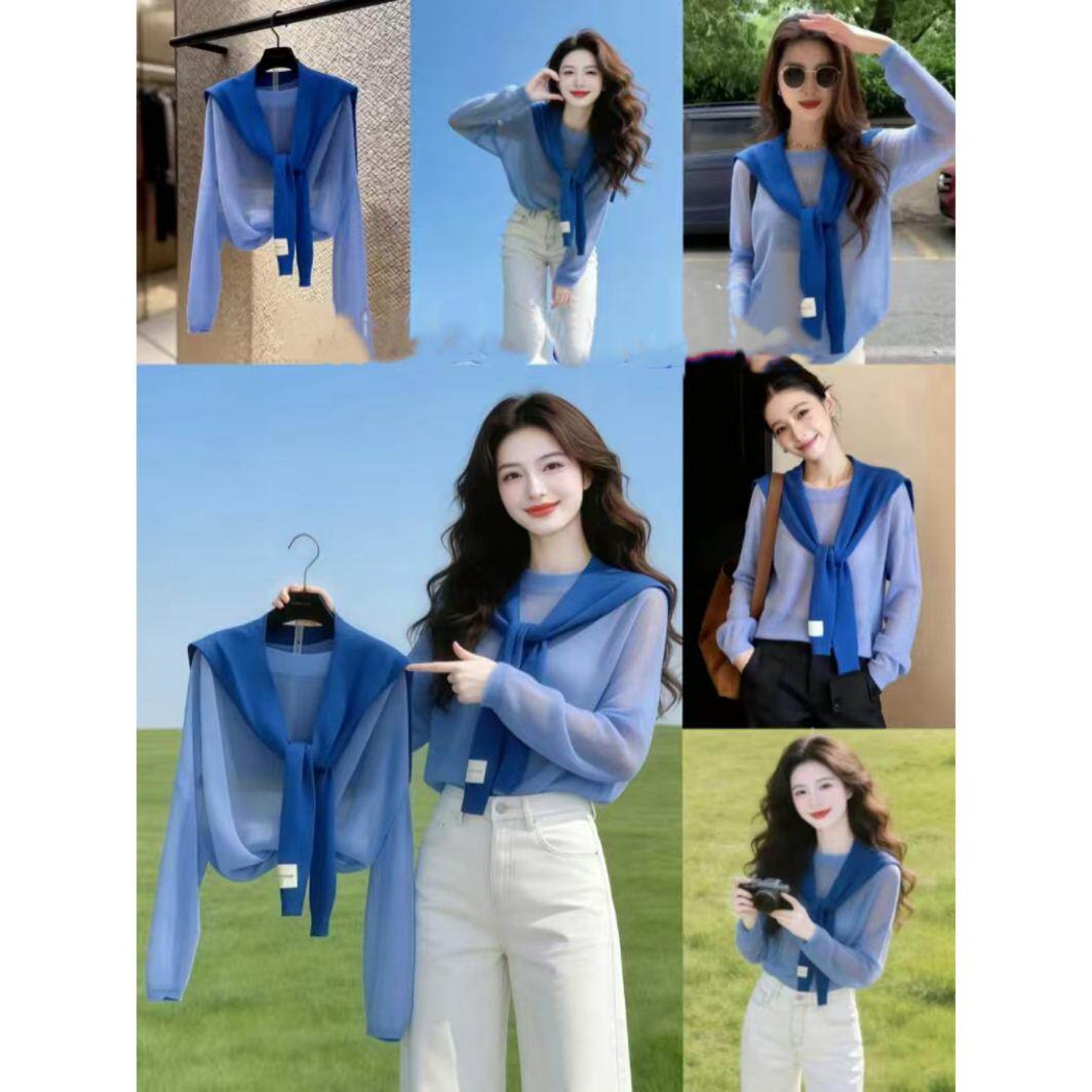 작은 토마토 한 부서 파란색 맨위 숄 여성 패션 Chic 루즈핏 슬림해 보이는 편안함 질감 캐주얼 기본 셔츠