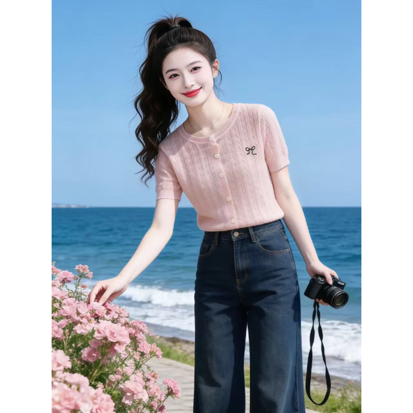 달콤한 스타일 핑크색 자수 반팔 니트 오픈 가디건 여성 의류 여름 새로운 부드러운 바람 몸매 가꾸기 슬림해 보이는 얇은 스타일 맨위
