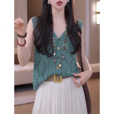 批发镂空V领针织背心女2026年夏季新款休闲无袖坎肩马甲纯色开衫上衣