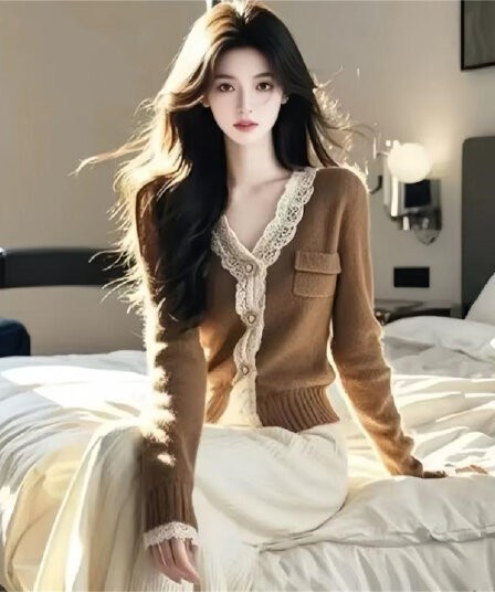 2026 아름다움 라드. 브라운 레이스 측면 V넥 스웨터 니트 오픈 가디건 가을 겨울철 여성 의류 고유 한 Chic 맨위