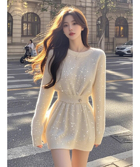 화이트 라운드 넥 좋은 플래시 긴팔 니트 스웨터 여성 드레스 가을 허리 수축 몸매 가꾸기 슬림해 보이는 고급 센스 짧은 치마