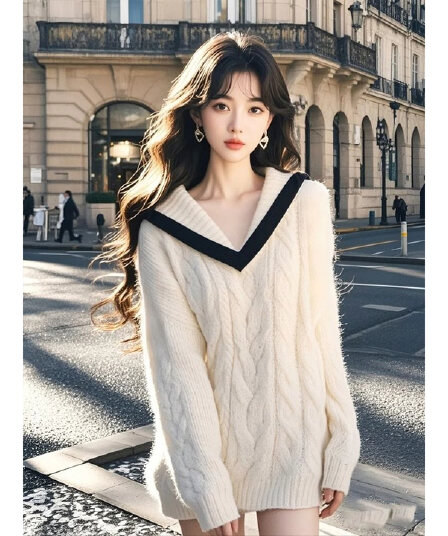 한 부서 루즈핏 해군 폴로 칼라 화이트 풀오버 가을 겨울 소녀 작은 키 부드러운 찹쌀 느긋한 바람 다용도 니트 스웨터