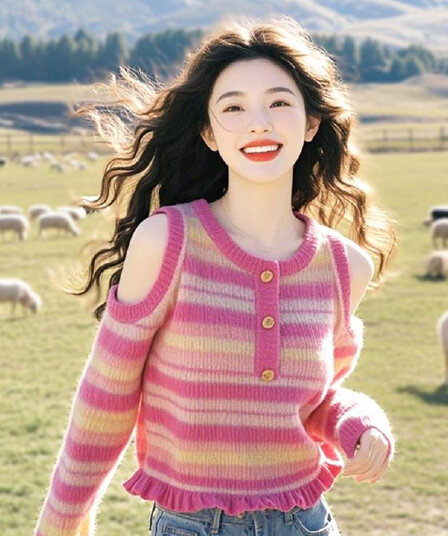 작은 키 느긋한 고급 센스 우유 씽 하는 소리 부드러운 찹쌀 디자인 센스 핑크색 스트라이프 오프숄더 니트 POLO 셔츠 여성 가을 겨울