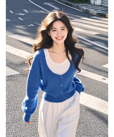 외국 가스 연령 감소 페이크 레이어드 파란색 맨위 여성 가을 새로운 긴팔 니트 스웨터 올해 인기 ~ 중 아름다운 작은 셔츠