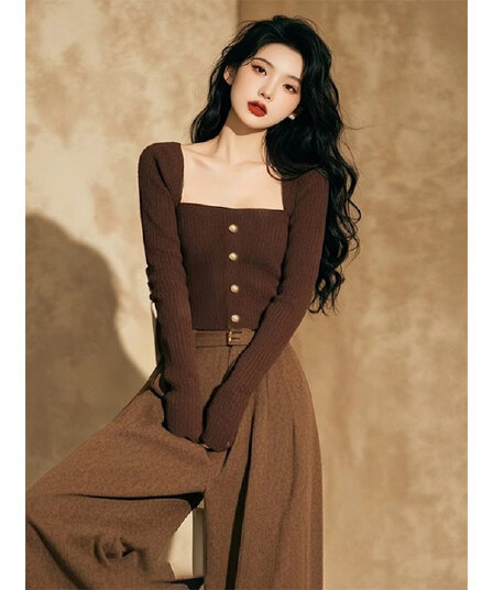 가을 겨울 Chic 달콤한 핫걸 광장 칼라 쇄골 스웨터 니트 기본 셔츠 여성 인사이드 가져 가라. 디자인 센스 몸매 가꾸기 긴팔 맨위