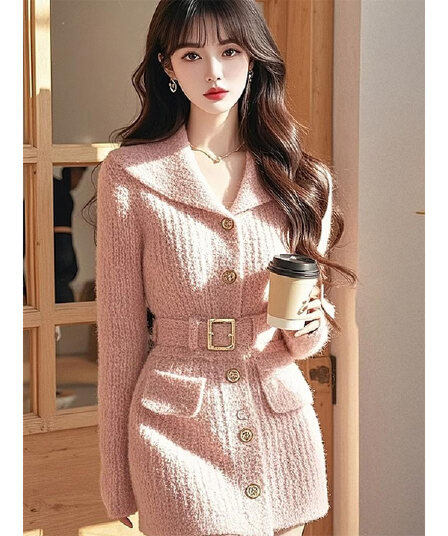 작은 샤넬 스타일 핑크색 니트 드레스 아이들 겨울 고급 센스 명문 여성 빛 럭셔리 허리 수축 프랑스식 품격 스웨터 드레스