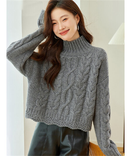 레트로 꽈배기 터틀넥 셔츠 연령 감소 여성 가을 겨울 외출용 2026 새로운 느긋한 바람 루즈핏 쇼트 스타일 스웨터 기본 셔츠