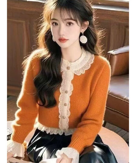 신제품 올해 인기 고급 센스 레이스 패치워크 슈퍼 잘 생긴 연령 감소 디스플레이 화이트 주황색 아름다운 스웨터 봄 가을 겨울