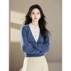 批发蓝色假两件针织衫<b class='q'>毛衣</b>女冬季新款高级感超好看气质小香风内搭上衣