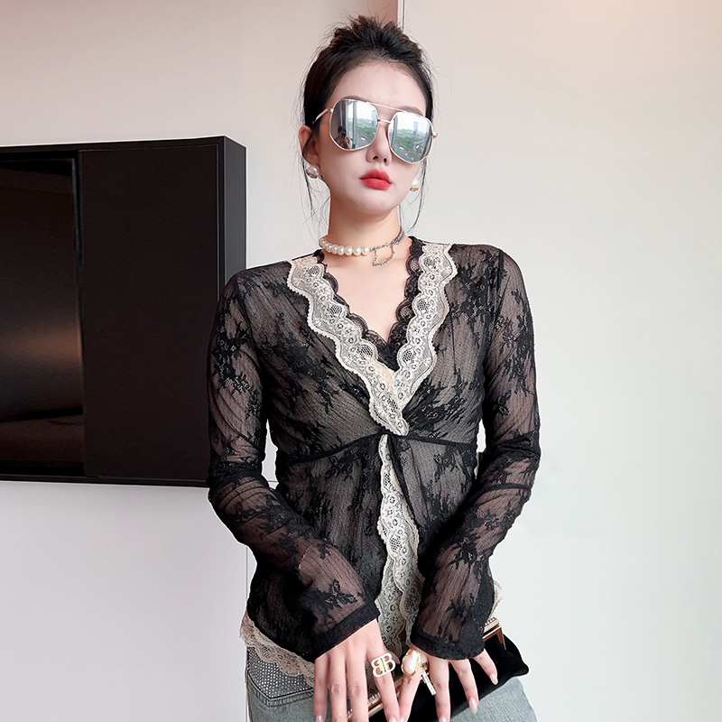 秋季新款法式轻熟风V领蕾丝拼接长袖气质时尚优雅上衣女 服裝批發女裝批發服飾貨源