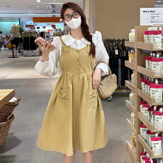 批发实拍秋款纯色收腰显瘦黄色背心裙文艺气质甜美娃娃领蝴蝶结
