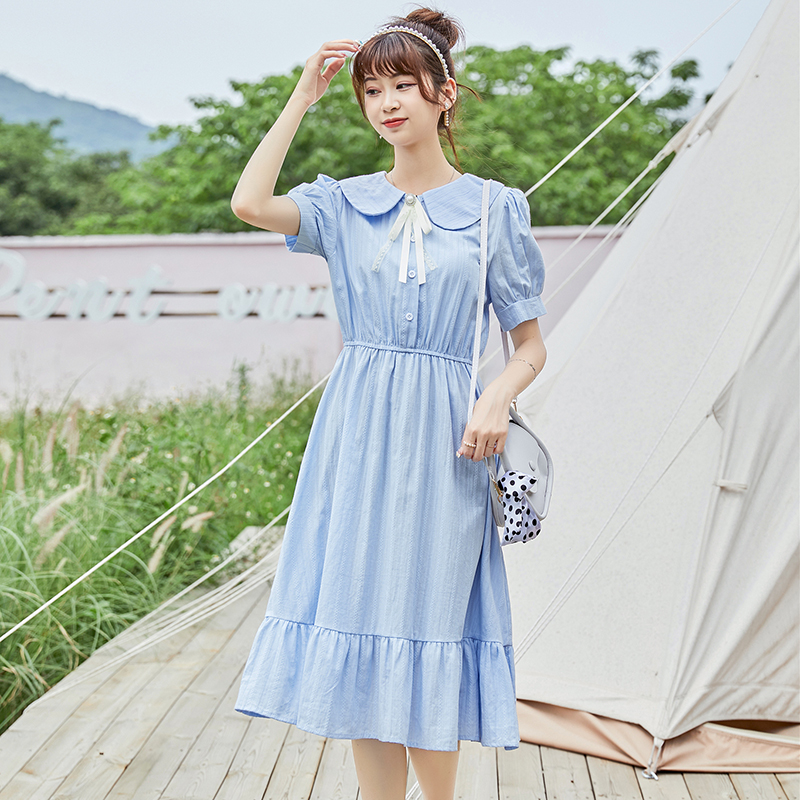실사 2026 여름 새로운 여성 의류 베이비 칼라 순면 나비 매듭 반팔 드레스 중간 길이 작은 청신