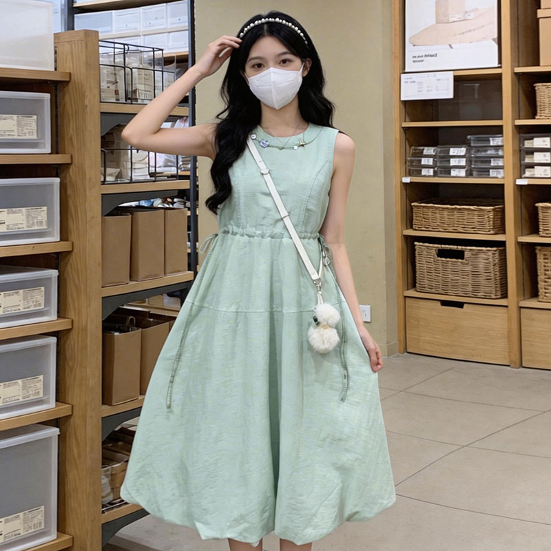 실사 2026 센 부서 박하 녹색 민소매 드레스 여름 허리 수축 레이스업 부드러운 바람 첫사랑 치마 롱 스커트