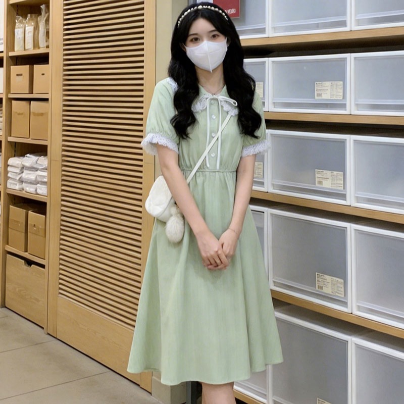 실사 2026 일본식 달콤한 자매 베이비 칼라 드레스 여름 박하 녹색 허리 수축 슬림해 보이는 레이스 측면 중간 길이 스커트