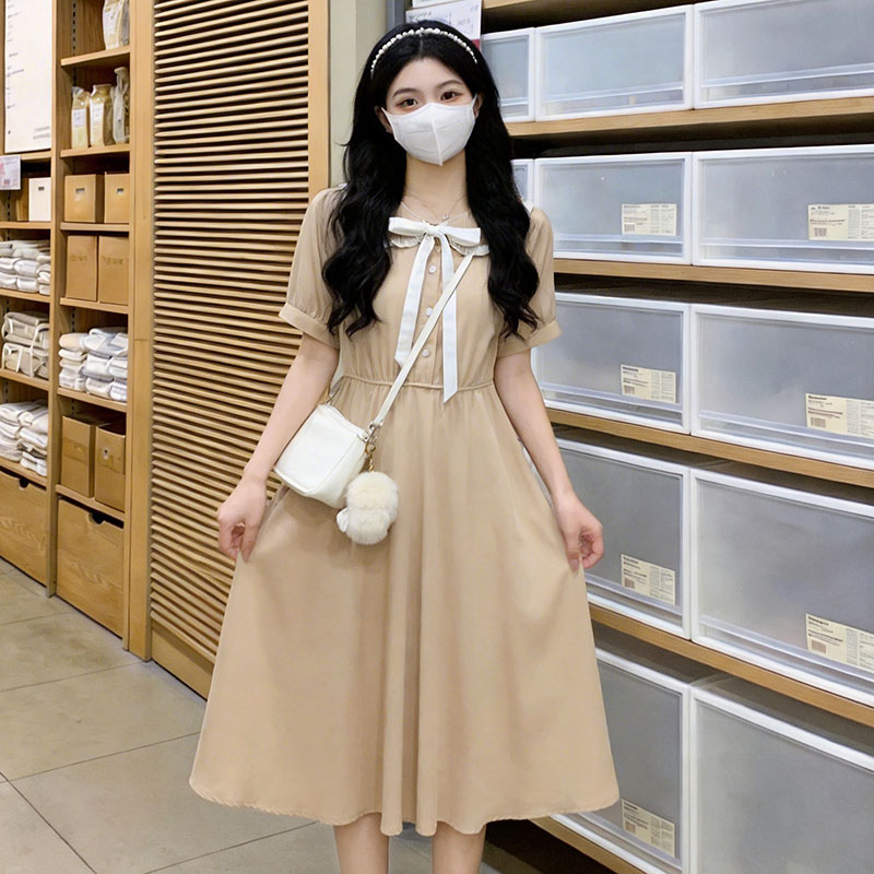 RY3769# 实拍2026日系甜妹娃娃领连衣裙夏季卡其色收腰显瘦木耳边中...