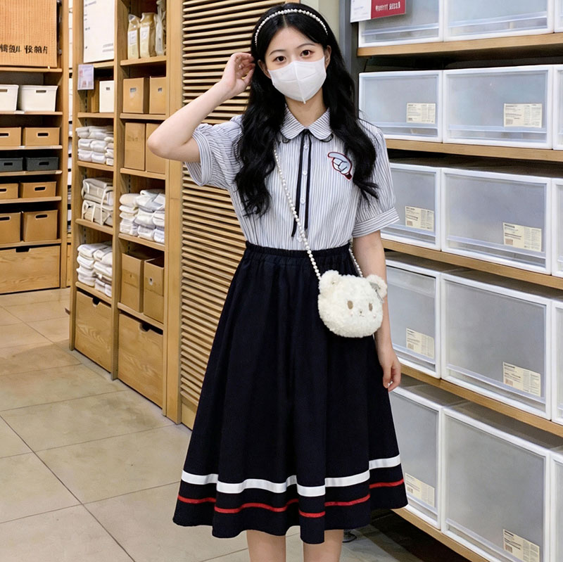 실사 2026 일본식 학원 스타일 스트라이프 셔츠 배색 반신 치마 세트 여름 연령 감소 소녀 센스 투피스 세트