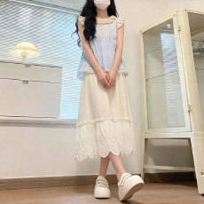 批发实拍 日系森系温柔风<b class='q'>套装</b>女夏季<b class='q'>蕾丝</b>花边无袖上衣半身裙两件套