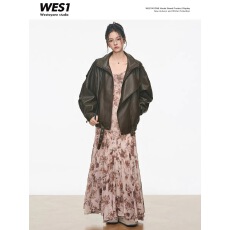 批发WESTAYONE设计高级感皮衣外套女黑色棕色+连衣裙<b class='q'>两件</b>套