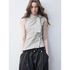 批发Luamoss 「全棉」格子小高领系带收腰上衣<b class='q'>女</b>新款显瘦气质百搭衬衫