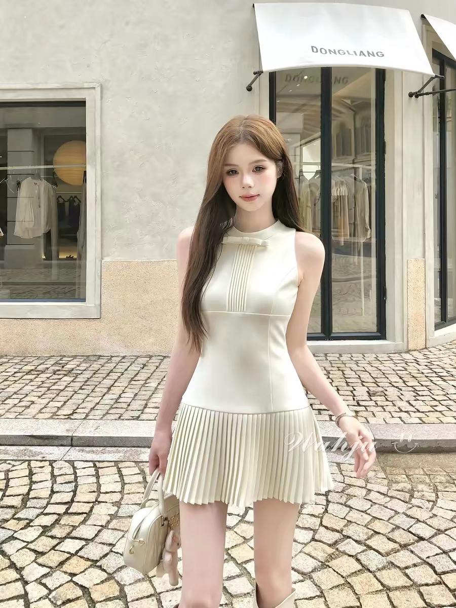 회화 솔루션 wahju 부드러운 제한적 여름 네클라인 나비 매듭 몸매 가꾸기 슬림해 보이는 민소매 한 마디 플리츠 여성 드레스