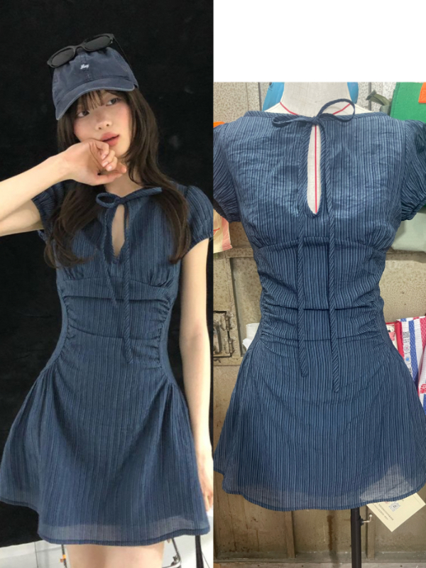 3 월 23 일 신제품 soote season 오리지널 자수 홀로우 아웃 나비 매듭 허리 수축 슬림해 보이는 드레스