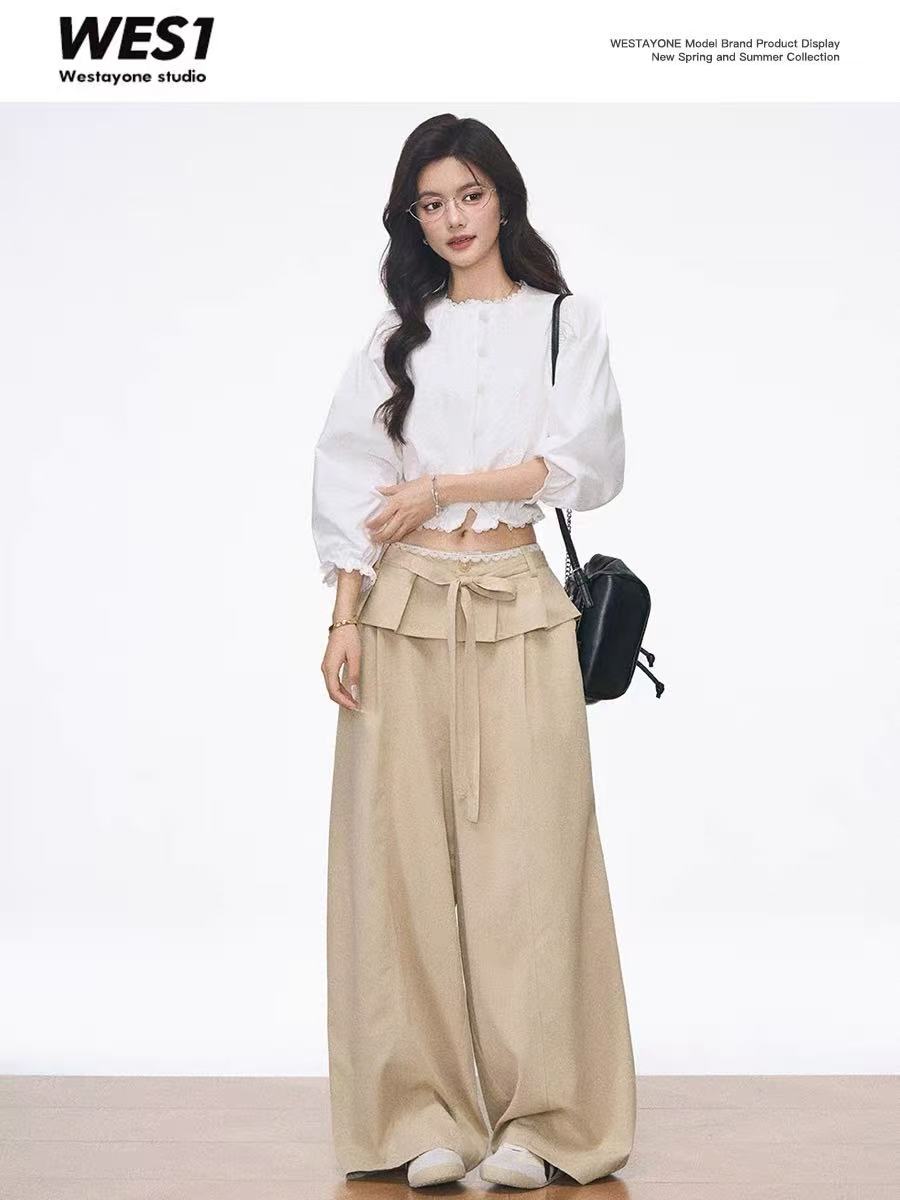 4.30 신제품 7부 소매 여성 셔츠 한 부서 출퇴근 카키 색 프릴 와이드 레그 팬츠