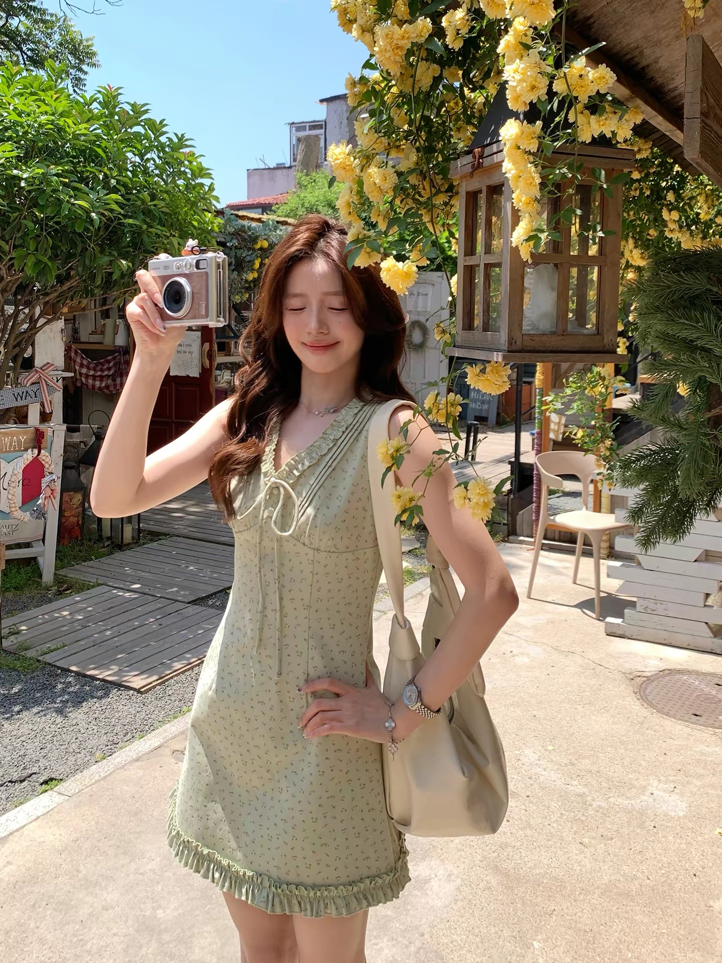 even 하나 원자바오 여름 녹색 복숭아 한 부서 높음 지혜 센스 민소매 여성 드레스 여름 부드러운 프릴 꽃무늬 치마
