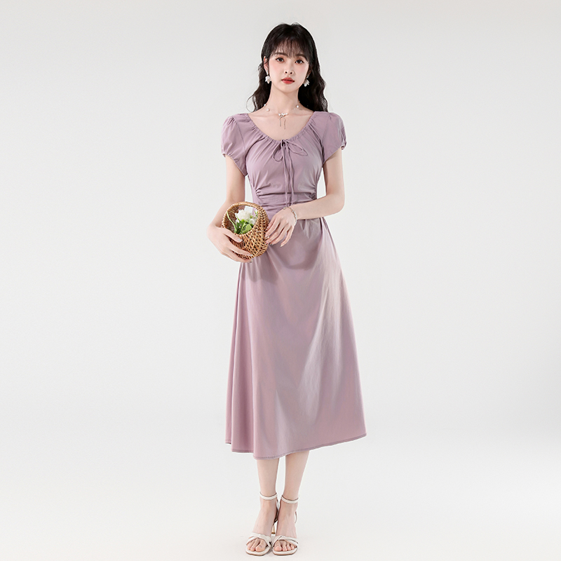 RY390# 实拍2026夏新款韩版甜美减龄抽绳系带褶皱收腰弹力显瘦长款连...