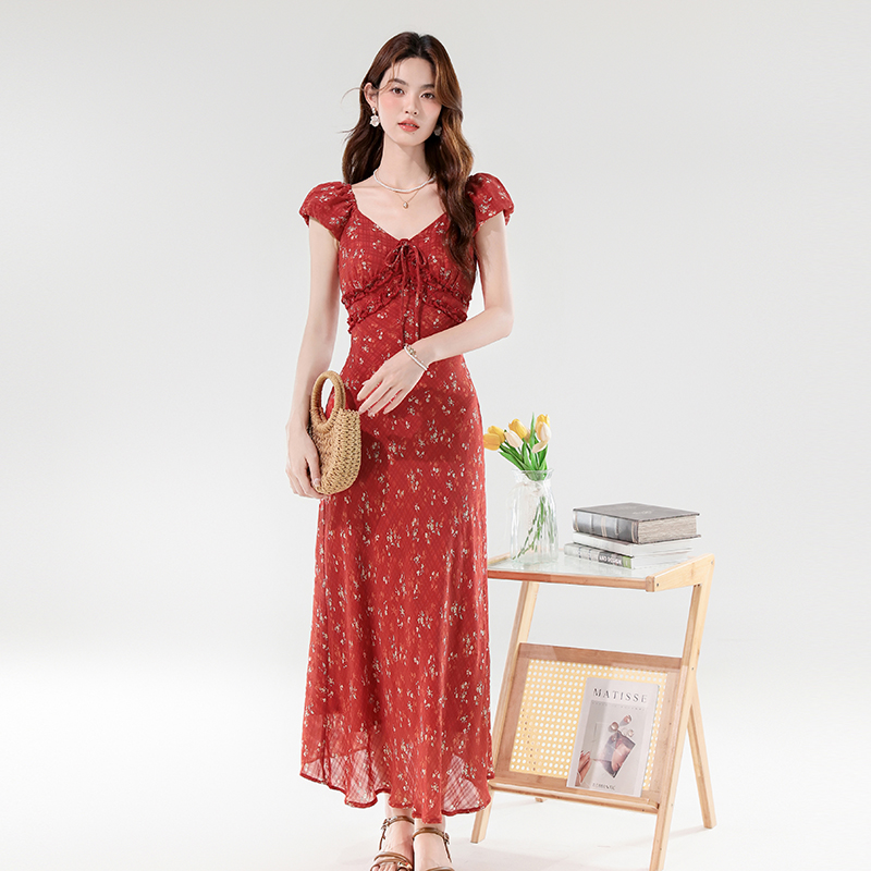 RY399# 实拍2026夏季新款法式优雅V领系带修身显瘦长款小碎花连衣裙