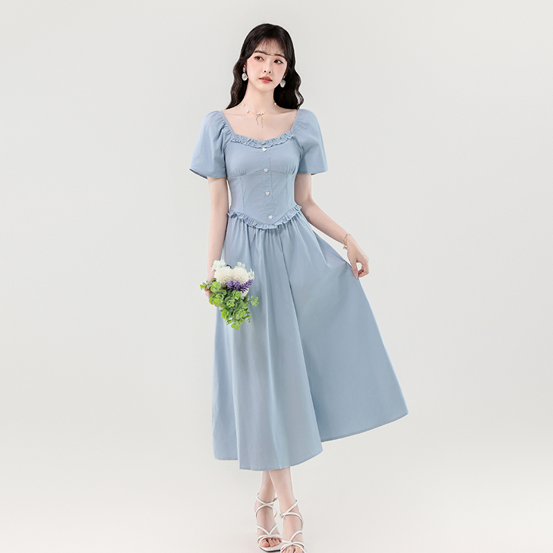 RY388# 实拍2026夏新款甜美减龄方领木耳边爱心扣弹力收腰显瘦长款连...