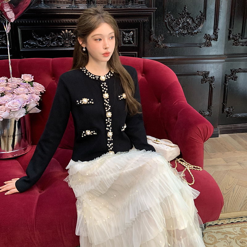 MY15062# 新款高品质重工水钻小香风毛针织上衣+千层蛋糕裙两件套女裝...