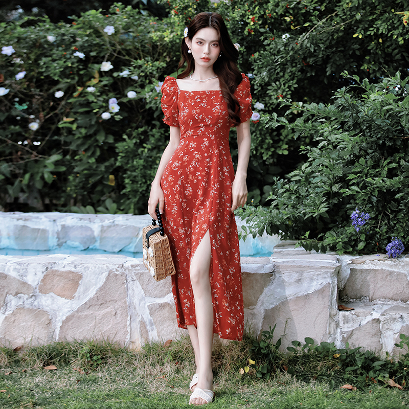 RY3237# 实拍2026夏季新款法式方领泡泡袖遮肉显瘦中长款碎花连衣裙