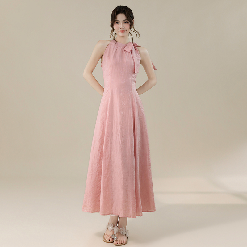 RY3235# 实拍2026韩系女主角浪漫蝴蝶结长款收腰显瘦花朵暗纹桃粉色...