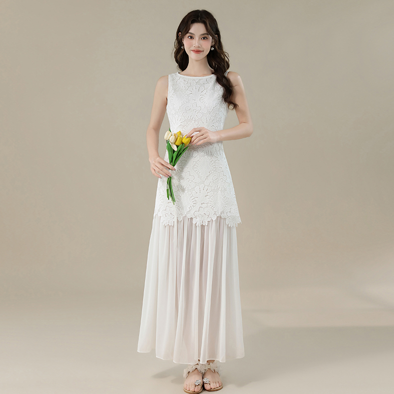 실사 2026 여름 새로운 프랑스식 낭만주의 분위기 센스 3 차원 무거운 작업 물 용해 꽃 패치워크 쉬폰 밑단 드레스