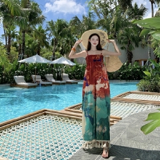 批发复古新中式国风度假印花流苏吊带<b class='q'>连衣裙</b>长裙