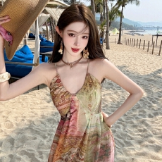 批发【波西米亚】氛围感度假风V领吊带<b class='q'>连衣裙</b>沙滩吊带长裙