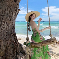 批发挂脖连衣裙女气质名媛宴会晚礼服复古印花性感露背度假风大摆长裙