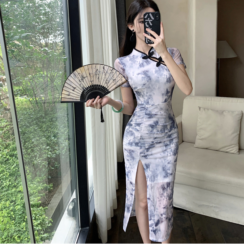 FA34057# 新款复古民国风改良旗袍网纱印花开叉褶皱中长款连衣裙 服裝批發女裝批發服飾貨源