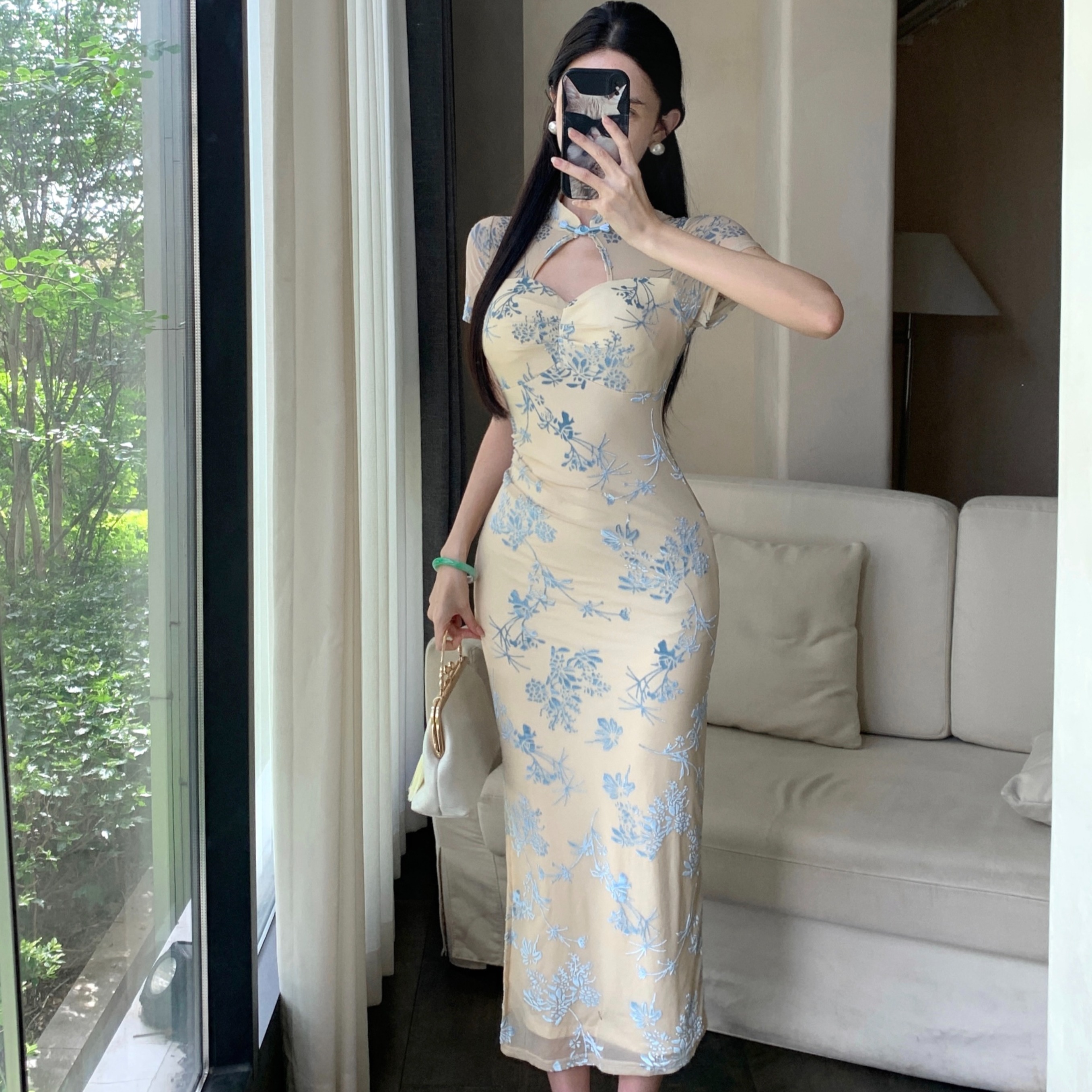 FA34058# 新中式国风提花改良旗袍短袖连衣裙女高级性感修身包臀长裙子 服裝批發女裝批發服飾貨源